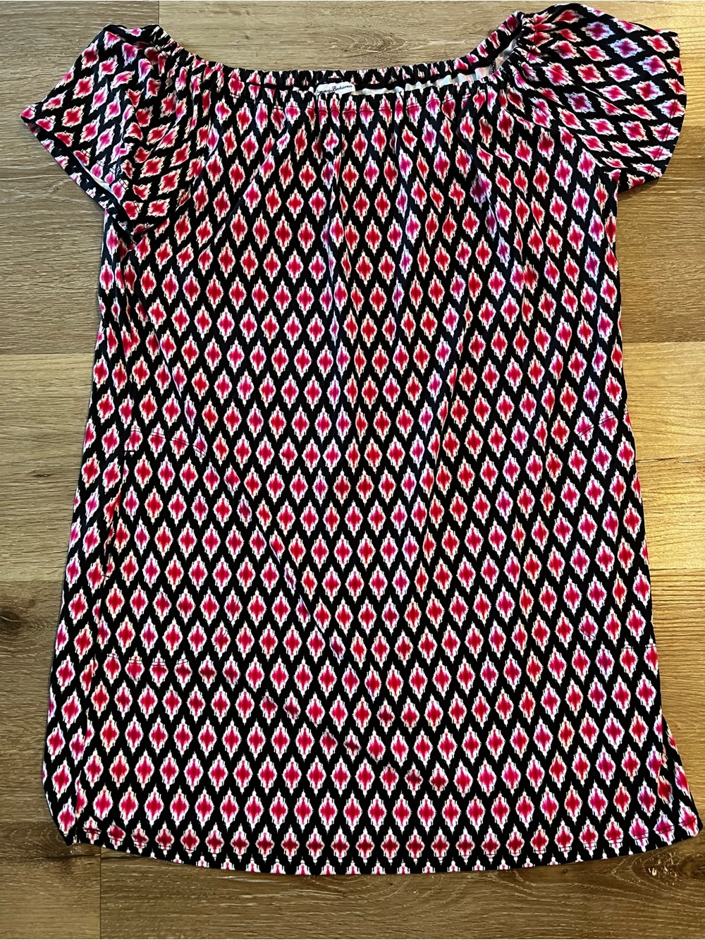 Tommy Bahama Black, Pink & White Geometric Off-Shoulder Mini Dress